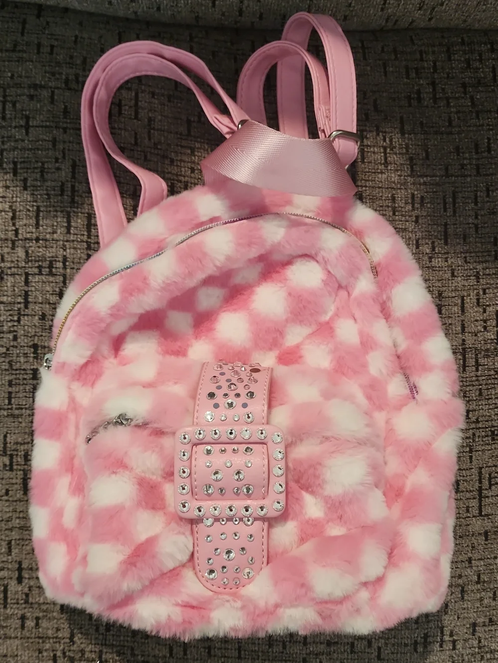 Pink Faux Fur Kids Backpack with Studded Buckle